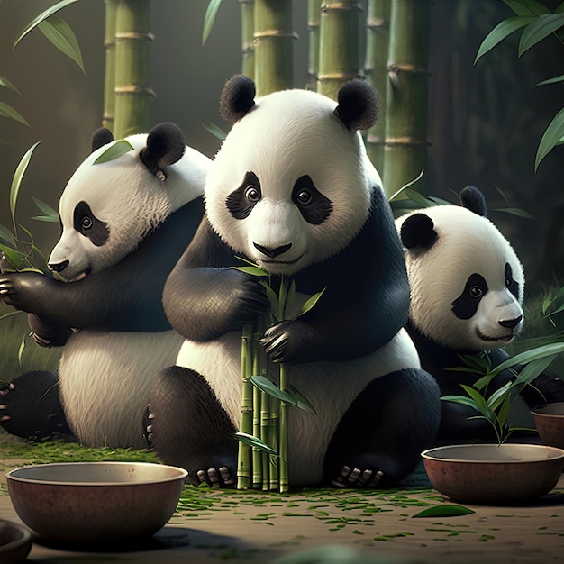 Drie panda's zitten voor bamboescheuten.