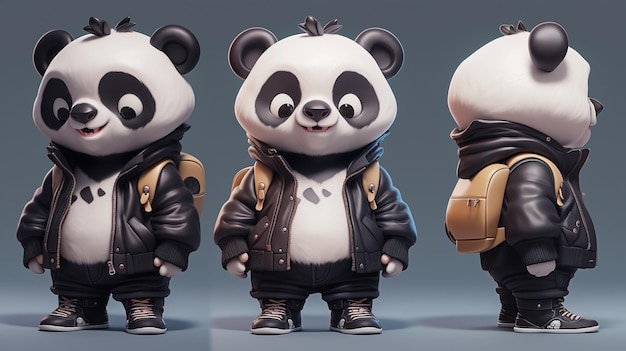 drie pandaberen gekleed in leren jassen en rugzakken staan naast elkaar generatieve ai