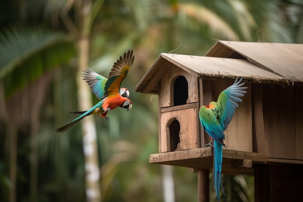 Drie papegaaien die rond vogelhuis vliegen