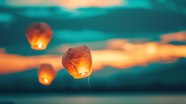 Drie papieren lantaarns zweven in de lucht de lantaarns worden verlicht door kaarsen en ze werpen een warme gloed