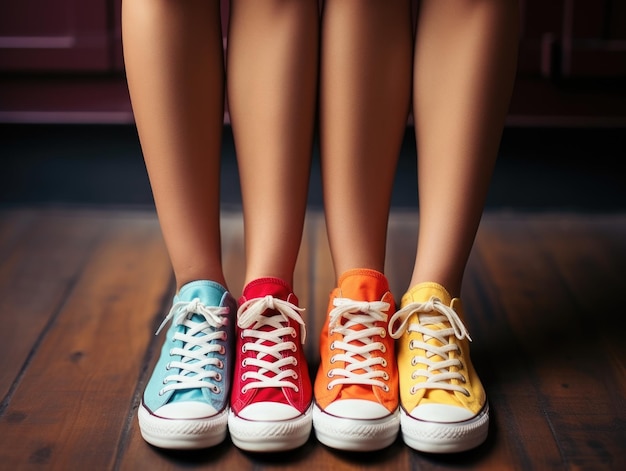 Foto drie paren kleurrijke converse schoenen staan op een houten vloer