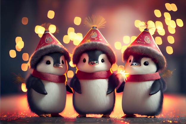 Drie pinguïns in een feestmuts