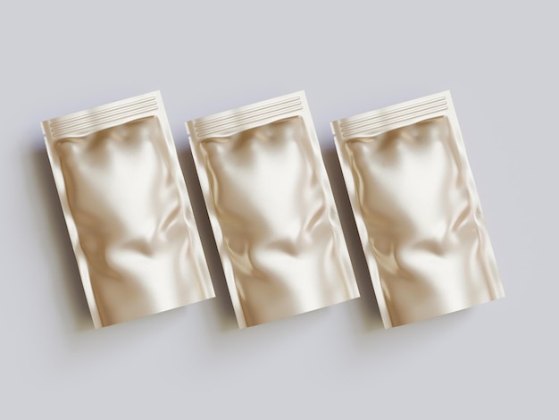 Drie plastic zakken staan in een rij met één waarop staat: