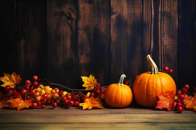 Drie pompoenen en een bos herfstbladeren op een houten tafel