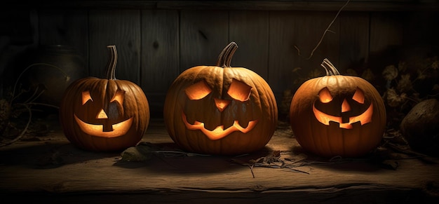 Drie pompoenen met het woord halloween erop