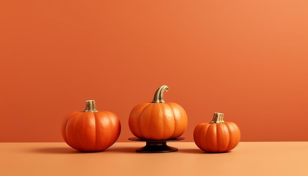 Drie pompoenen op een tafel met een oranje achtergrond