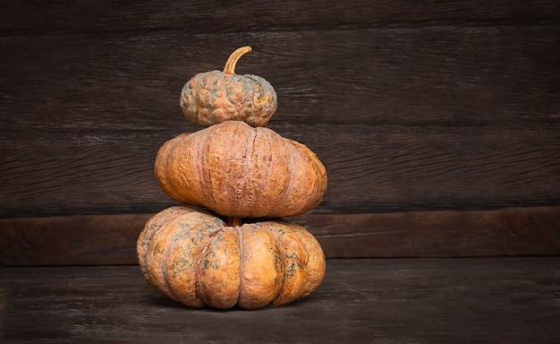 Drie pompoenen op houten