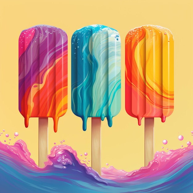 drie popsicles met verschillende kleuren ijs op een gele achtergrond generatieve ai