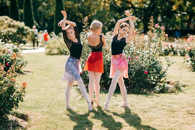 Drie prachtige ballerina's dansen en balanceren over zonlicht in zomer park