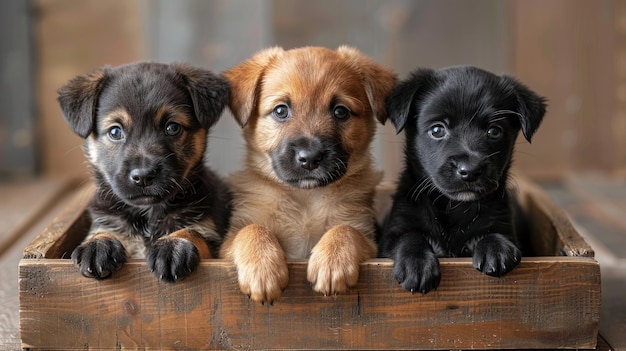 Drie puppy's zitten in een houten kist