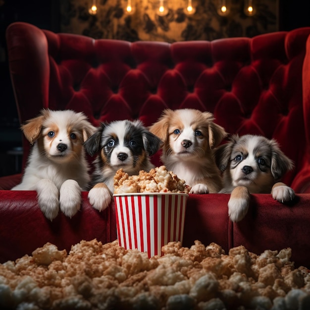 Drie puppy's zitten op een rode bank met een emmer popcorn voor zich.