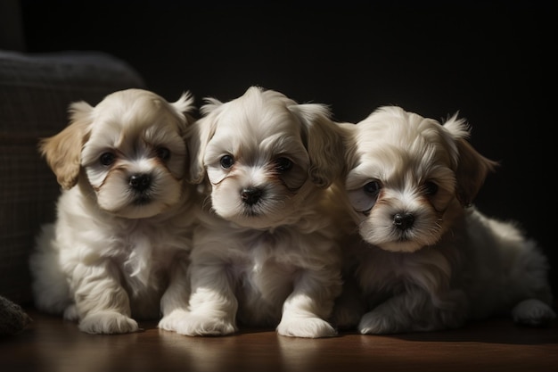 Drie puppy's zittend op een houten vloer