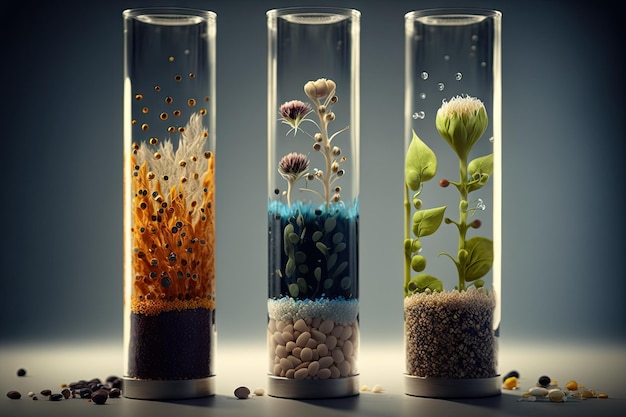 Foto drie reageerbuizen met verschillende soorten zaden die in het lab groeien