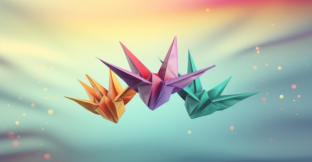 drie regenboog gekleurde origami kranen in de lucht in de stijl van weergegeven in cinema4d vet primaire