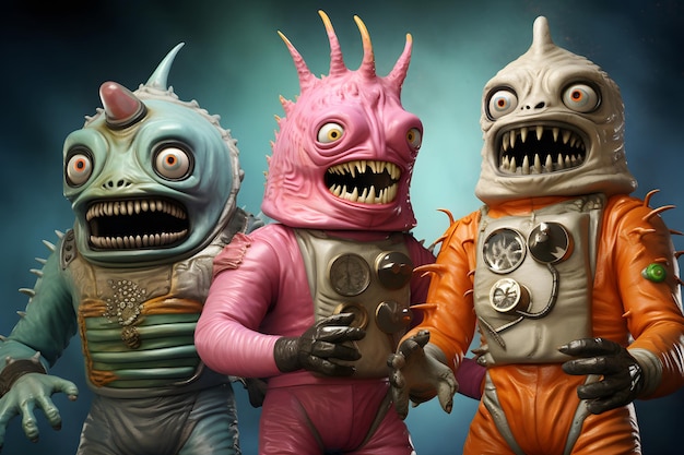 Drie retro sciencefiction monster buitenaardse karakters met cheesy kostuums