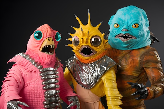 Drie retro sciencefiction monster buitenaardse karakters met cheesy kostuums