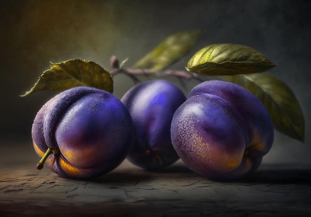 Drie rijpe pruimen liggen op tafel paars fruit