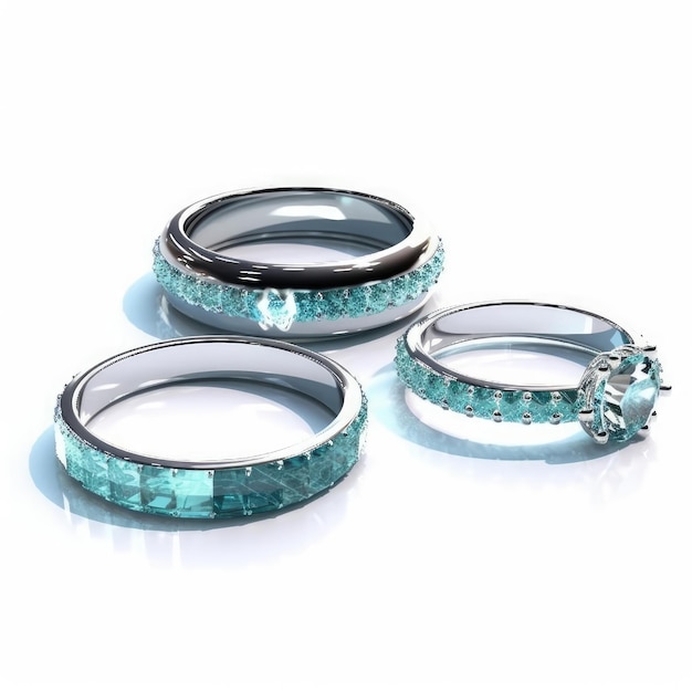 Drie ringen met diamanten en één met de tekst "saffier".