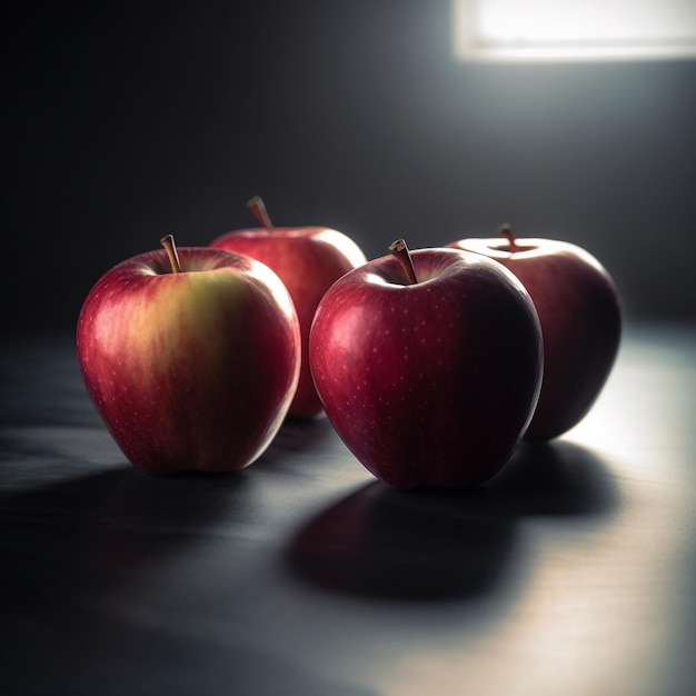 Drie rode appels staan op een tafel met een raam erachter.