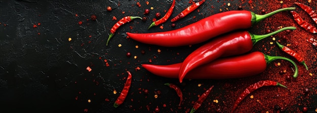 Drie rode chili's op een zwart oppervlak