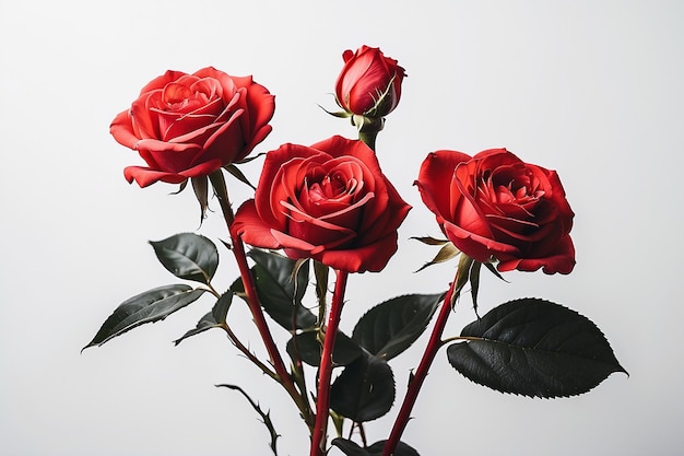 Drie rode rozen met stengel op witte achtergrond