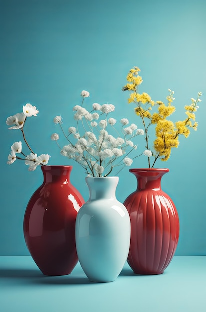 Drie rode vazen met gele bloemen erin waarvan een wit met gele bloem