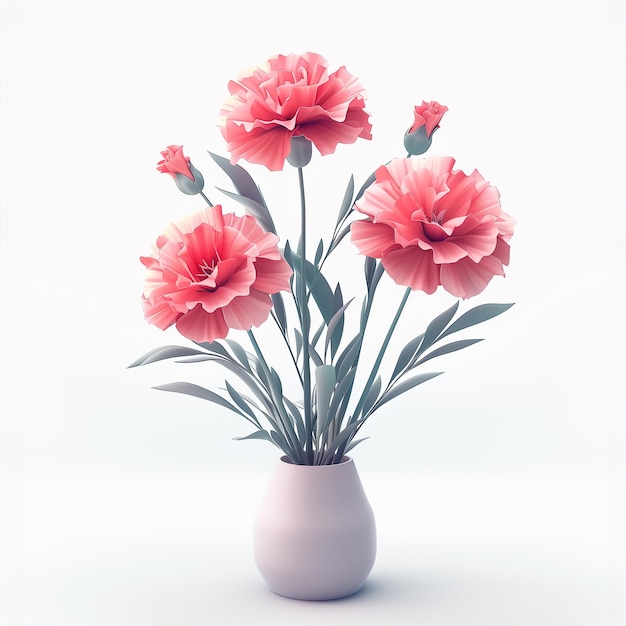 Drie roze anjers in een kleine vaas op witte achtergrond 3D-illustraties