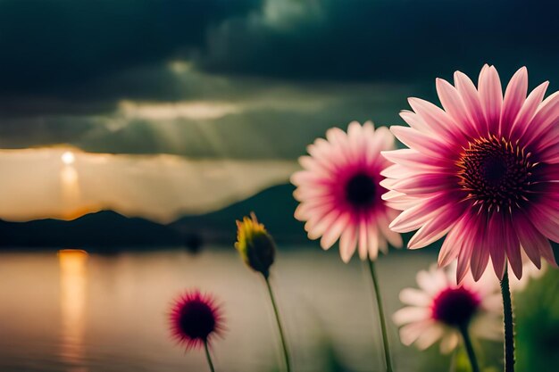 drie roze bloemen met de zon achter hen