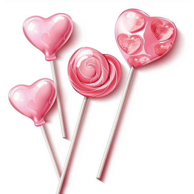 Drie roze lolly's met harten en rozen op een witte achtergrond.