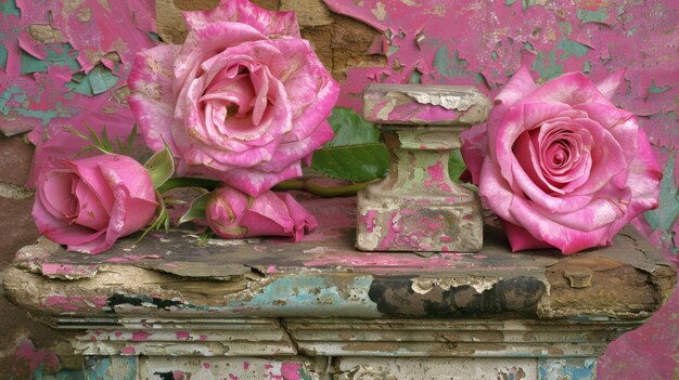 Foto drie roze rozen staan op een houten plank met een groen voorwerp in het midden.