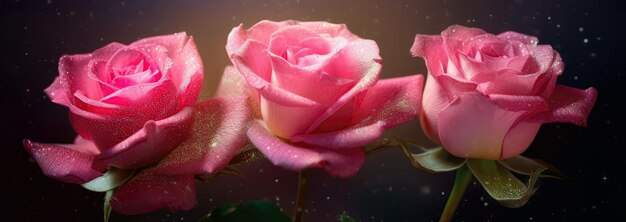 Drie roze rozen worden getoond onder Pink Star Lights Generatieve AI