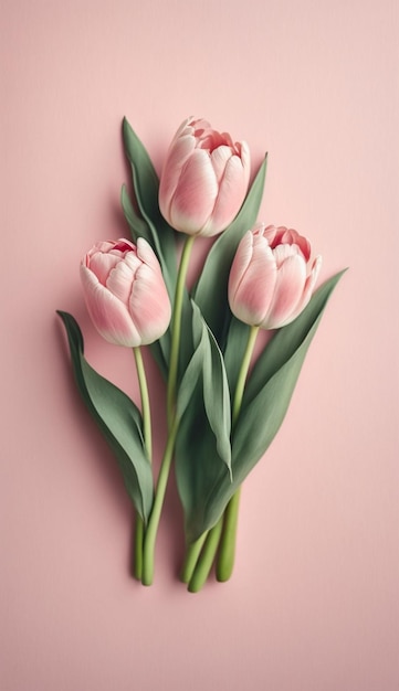 Drie roze tulpen met groene bladeren op een achtergrond generatieve ai