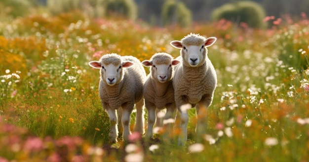 drie schapen staan bij een bloem