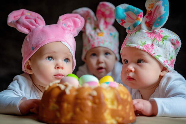 Drie schattige baby's met konijnenoren met paaskoek.