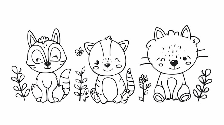 Foto drie schattige cartoonkatten zitten in een tuin