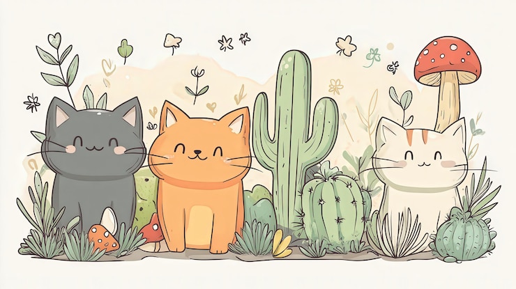 Foto drie schattige katten in een woestijntuin