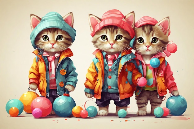 Drie schattige kittens in winterkleding en hoeden met kleurrijke ballonnen illustratie