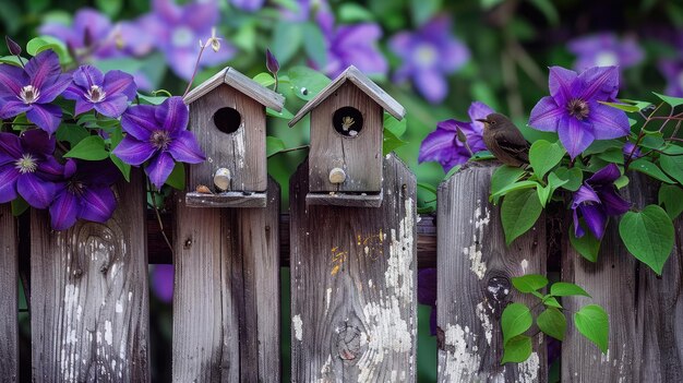 Foto drie schattige kleine vogelhuizen op een rustieke houten hek met een paarse clematis plant die erop groeit