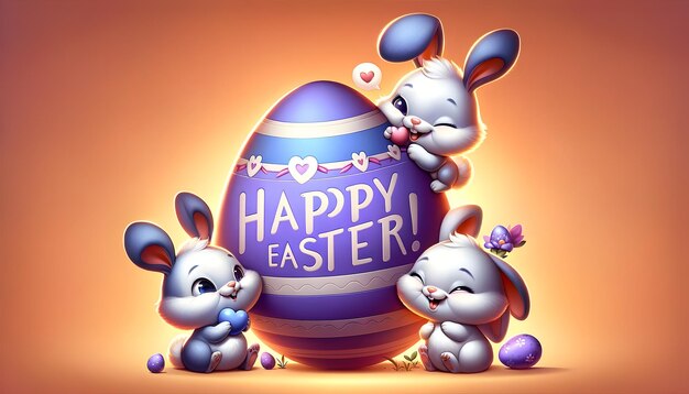 Drie schattige konijnen vieren Pasen met een groot decoratief ei op een zonnige achtergrond