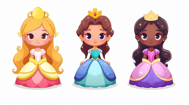 Drie schattige prinsessen met verschillende huidskleuren die prachtige jurken en tiara's dragen.