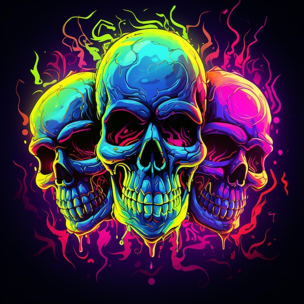 drie schedels met neonkleuren op een donkere generatieve ai als achtergrond