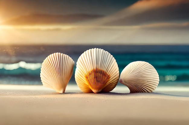 Drie schelpen op het strand met daarachter de ondergaande zon