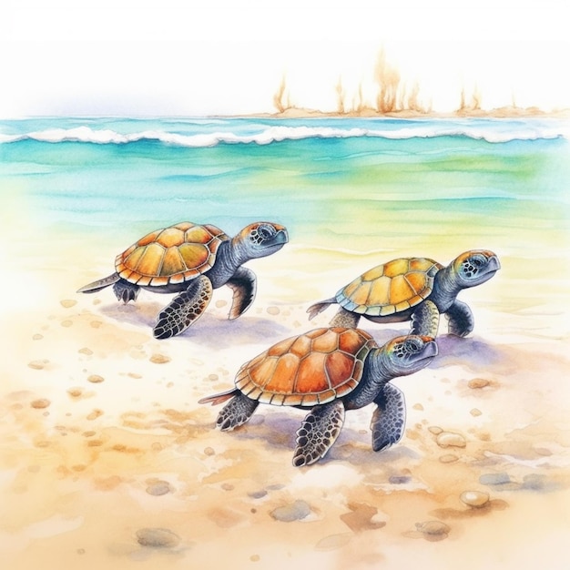 Foto drie schildpadden lopen op het strand met een stad op de achtergrond generatieve ai