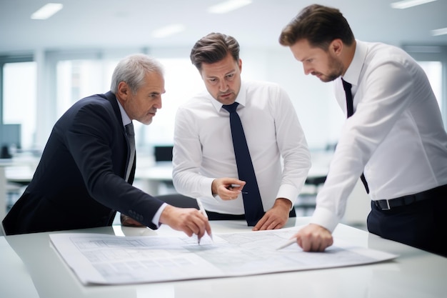 Foto drie senior bedrijfsleiders bespreken grafieken en grafieken