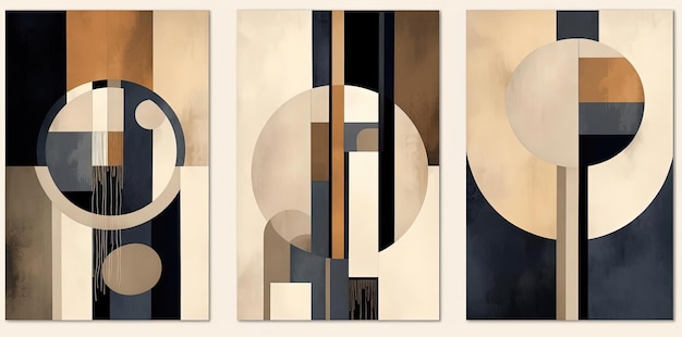 drie sets abstracte geometrische schilderijen met beige