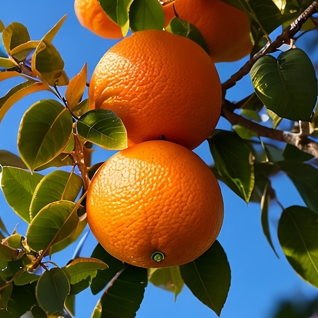 Foto drie sinaasappelen aan een boom met bladeren en de lucht op de achtergrond