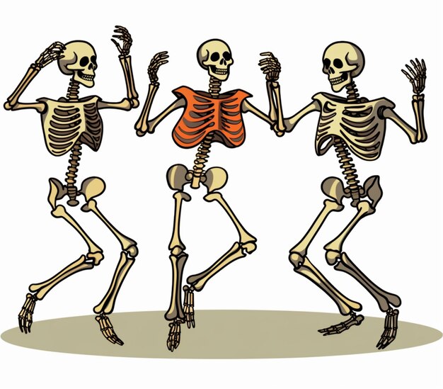 Foto drie skeletten dansen in een rij met hun armen in de lucht generatieve ai