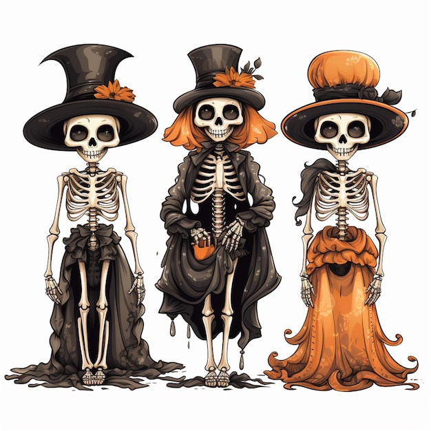 Drie skeletten gekleed in halloween kostuums en hoeden staan samen generatieve ai