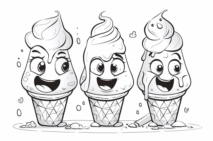 Foto drie speelse cartoon ijsjes nodigen kinderen uit om te kleuren en hun creativiteit vreugdevol uit te drukken