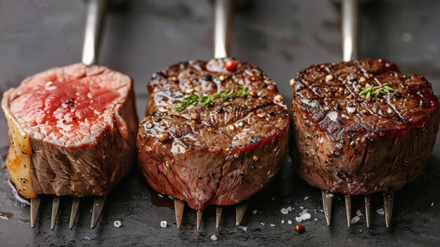 Drie steaks grillen met vork